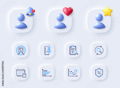 Metro subway, Loan percent and Refrigerator line icons. Placeholder with 3d bell, star, heart. Pack of Account, Horizontal chart, Search analysis icon. Ranking stars, Search pictogram. Vector