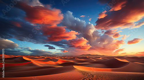 Desert landscape at sunset, under vibrant colored sky