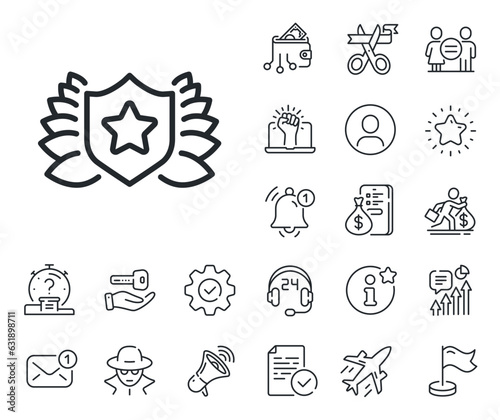 Laurel wreath symbol. Salaryman, gender equality and alert bell outline icons. Award shield line icon. Laureate sign. Laureate line sign. Spy or profile placeholder icon. Vector