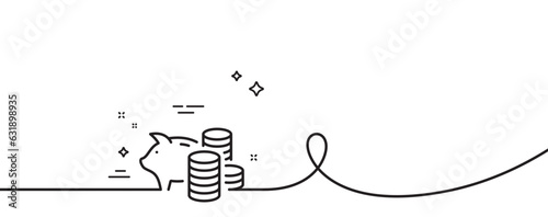 Piggy bank line icon. Continuous one line with curl. Coins money sign. Business savings symbol. Piggy bank single outline ribbon. Loop curve pattern. Vector