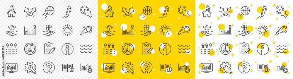 Vetor de Customisation, Global warming, Question mark icons. Waves, sun ...