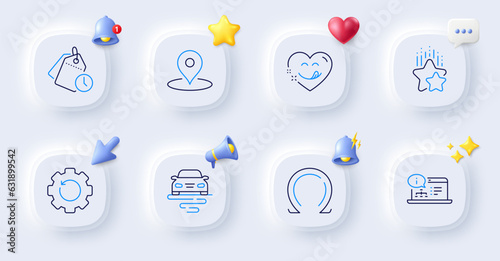 Ranking stars, Online documentation and Route line icons. Buttons with 3d bell, chat speech, cursor. Pack of Pin, Yummy smile, Recovery gear icon. Time management, Omega pictogram. Vector