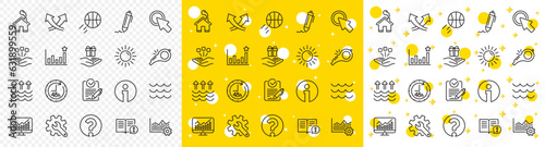 Customisation, Global warming, Question mark icons. Waves, sun, efficacy line icons. Signature Rfp, Information, Efficacy. Waves, Consolidation, Operational excellence. Question mark, whistle. Vector