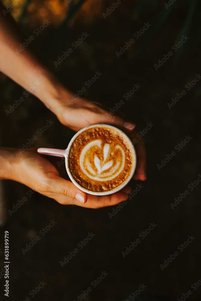 Women's hands holding delicious cappuccino coffee on a dark background. Creative and minimalistic concept of coffee with milk. with beautiful latte art
