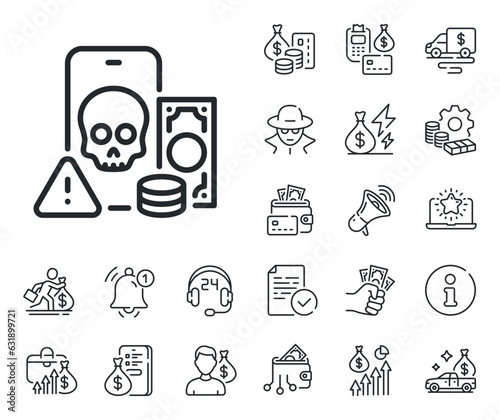 Money scam crime sign. Cash money, loan and mortgage outline icons. Phishing line icon. Online fraud or thief symbol. Phishing line sign. Credit card, crypto wallet icon. Inflation, job salary. Vector