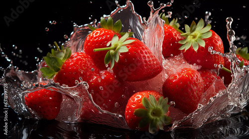 Ripe strawberries in a splash of water on a dark background.