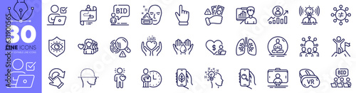 Face cream, Cursor and Friend line icons pack. Vr, Fingerprint, Face scanning web icon. Search app, Delivery man, Auction pictogram. Rotation gesture, Eye protection, Yoga. Lungs. Vector