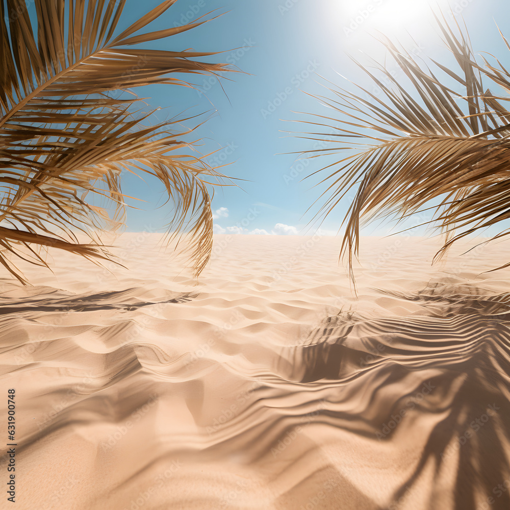 Palm branches and their shadow on the sand. Beach background. Copy space Palm branches and their shadow on the sand. Beach background. Copy space