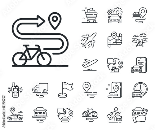 Delivery bicycle transport sign. Plane, supply chain and place location outline icons. Bike path line icon. Sport activity symbol. Bike path line sign. Taxi transport, rent a bike icon. Vector
