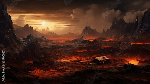Undiscovered volcanic planet  landscapes of the planet Filled with volcanic wasteland.Created with Generative Ai technology.