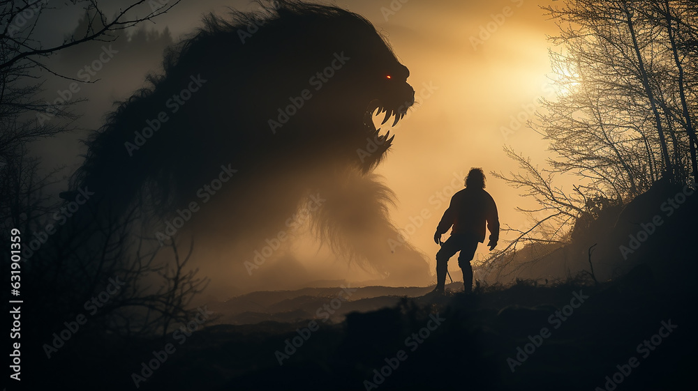 fighting fear silhouette psychology aggression stress monster concept therapy, horror in the forest werewolf - obrazy, fototapety, plakaty 