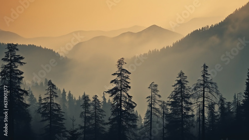 silhouettes of lonely pine trees in the autumn fog at sunset, freedom and silence of nature wild forest in sunset colors © kichigin19