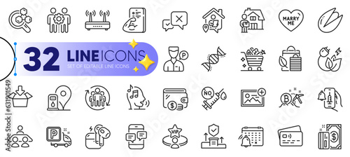 Outline set of Pistachio nut, Reject and Chemistry lab line icons for web with Employees teamwork, Security agency, Get box thin icon. Card, Payment, Chemistry dna pictogram icon. Vector