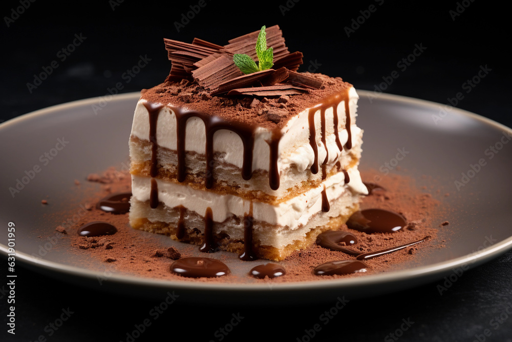 A delicious tiramisu dessert on a plate. A ready-made restaurant dish. Cake made of cookies and cocoa. A delicious tiramisu dessert on a plate. A ready-made restaurant dish. Cake made of cookies and cocoa.
