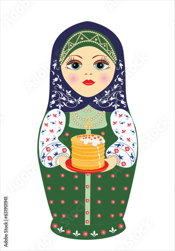 Russian nesting doll on a white background. Beautiful and cheerful wooden doll.  In the hands of a plate of pancakes. Souvenir illustration. Present. Sample. Vector illustration