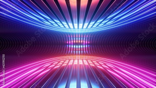 Fototapeta Naklejka Na Ścianę i Meble -  3d render. Abstract futuristic neon background. Rounded red blue lines, glowing against a backdrop of metal strips. Ultraviolet spectrum. Cyber space.