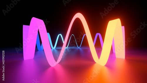 3d render, abstract background with colorful neon wavy ribbon, glowing spectrum gradient