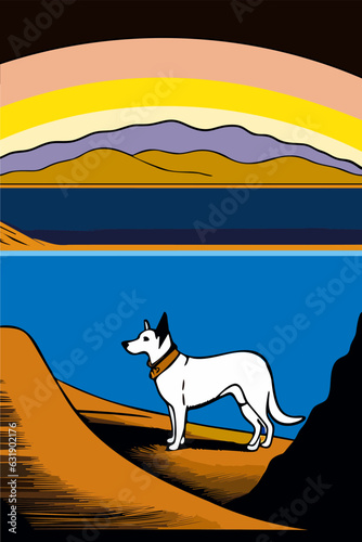 View of the mountains, river, dog. Hills, clouds, sun, moon. Paper cut style. Flat abstract design. Scandinavian style illustration trendy hand drawn vector illustration. cool backgrounds