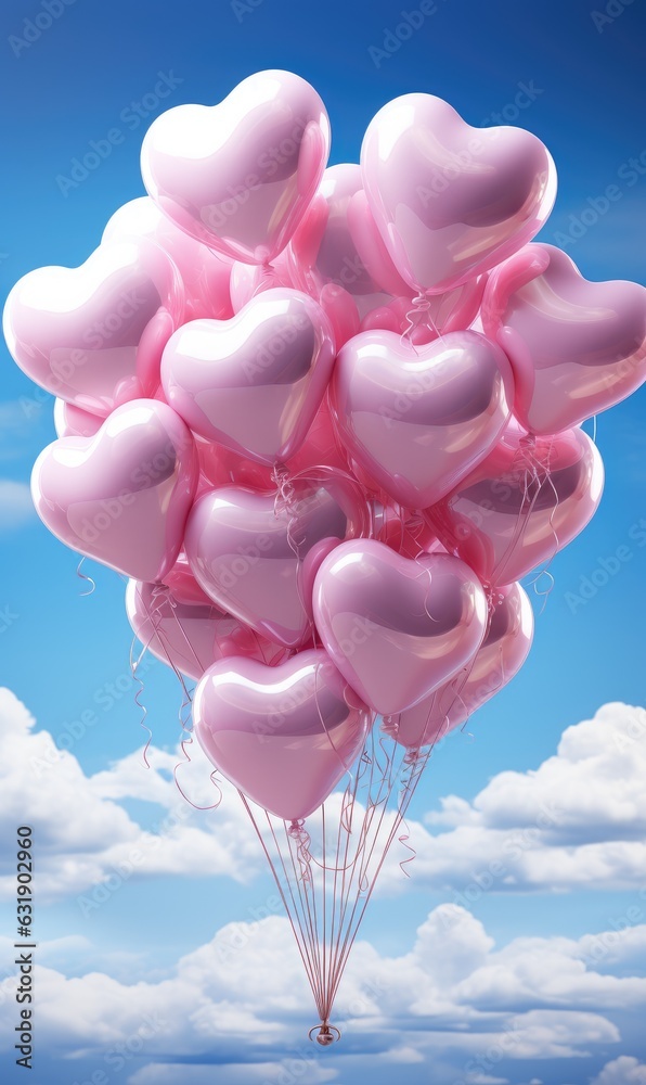 Simple pink heart-shaped balloons floating in the clouds