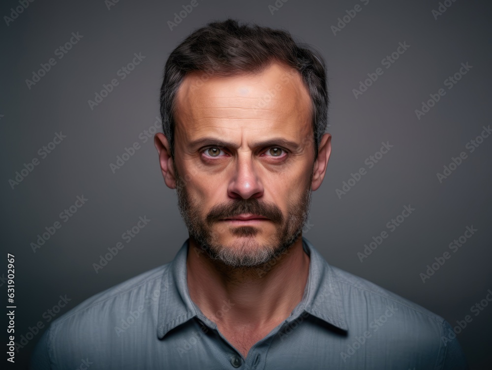 Serious mature man front mugshot on gray background Serious mature man front mugshot on gray background