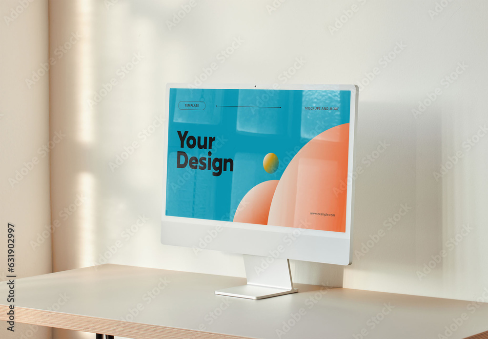 Mockup of all in one desktop computer with customizable screen on desk ...