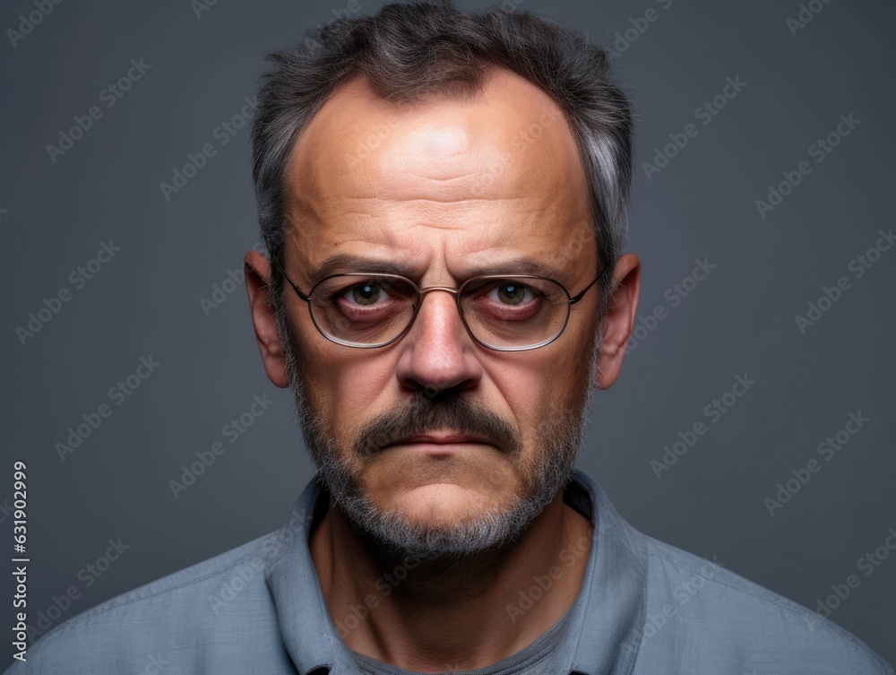 Serious mature man front mugshot on gray background Serious mature man front mugshot on gray background