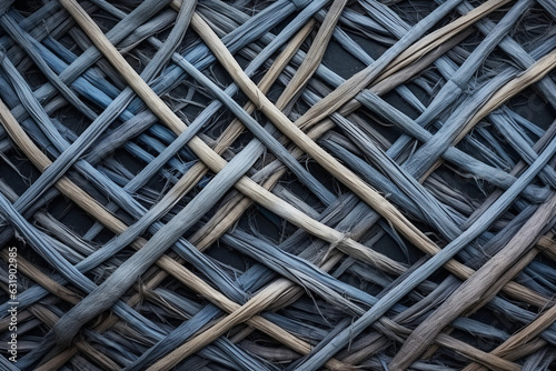 Blue decorative branches. Weaving from willow branches. Wicker background for the design of natural components with copyspace. Handwork use of natural resources. Fence from tree branches.