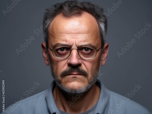 Serious mature man front mugshot on gray background