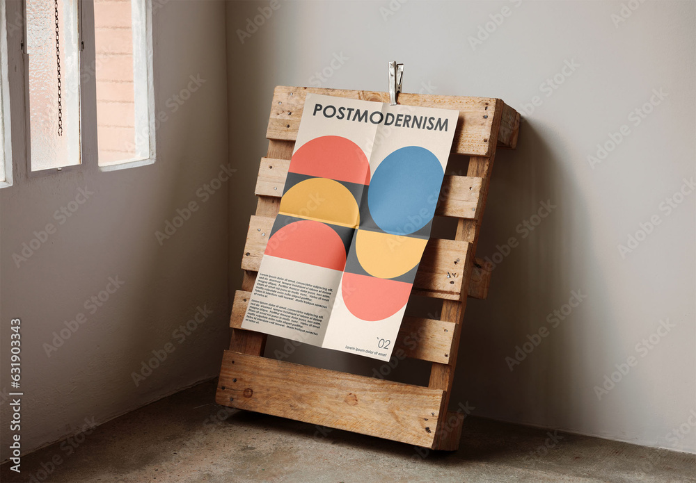 Mockup of customizable vertical A2 poster pinned to wooden crate Stock ...