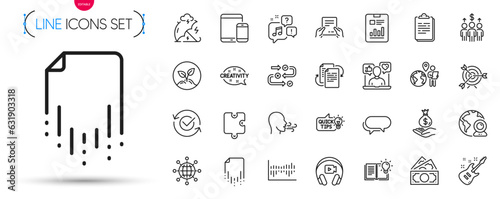 Pack of Creativity, Startup and Report document line icons. Include Income money, Approved, Messenger pictogram icons. Mobile devices, Meeting, Social media signs. Target, Puzzle. Vector