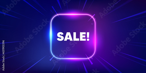 Sale promotion tag. Neon light frame box banner. Special offer price sign. Advertising Discounts symbol. Sale neon light frame message. Vector