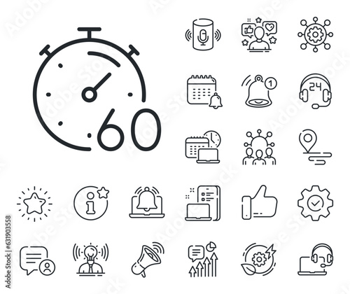 Stopwatch time sign. Place location, technology and smart speaker outline icons. Timer 60 minutes line icon. Countdown clock symbol. Timer line sign. Influencer, brand ambassador icon. Vector