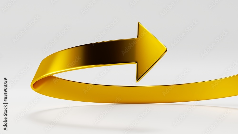 3d render, abstract curvy gold arrow turns back, isolated on white background. Metallic direction sign 3d render, abstract curvy gold arrow turns back, isolated on white background. Metallic direction sign