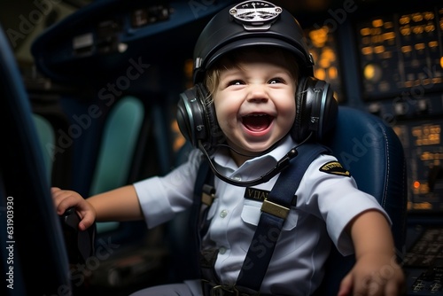 Cheerful child dressed as an airplane pilot in the cockpit of an airliner. © Usmanify