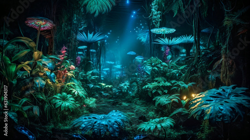 glowing plants in a misty jungle, generative ai