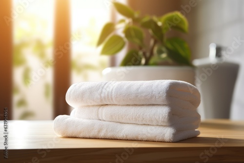 stacked bath towels and beautiful flowers, spa concept