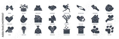 Charity, Kindness, Donation icon set, Included icons as Donation Box, Handshake, Volunteer and more symbols collection, logo isolated vector illustration