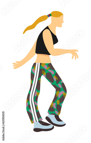 Gabber girl dancing hakkuh dance. Gabba style. Girl with shaved head and ponytail hairstyle in bright sweatpants and sneakers. Vector isolated illustration.
