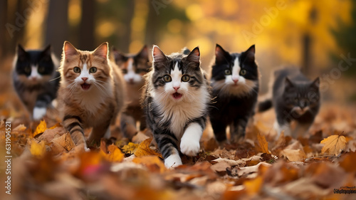 Leinwand Poster a group of cute cats running towards in autumn leaves leaf fall sunny day in the