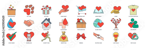 Charity, Kindness, Donation icon set, Included icons as Donation Box, Handshake, Volunteer and more symbols collection, logo isolated vector illustration