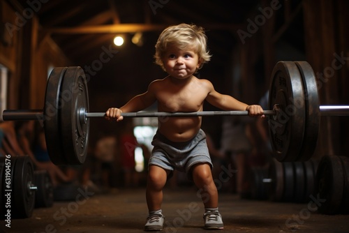 Little boy lifting a heavy barbell.