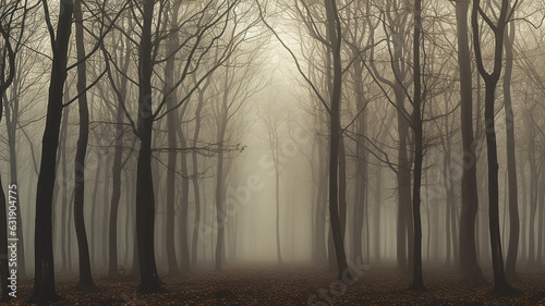 landscape mystical white fog in the autumn depressive forest, sadness loneliness mood