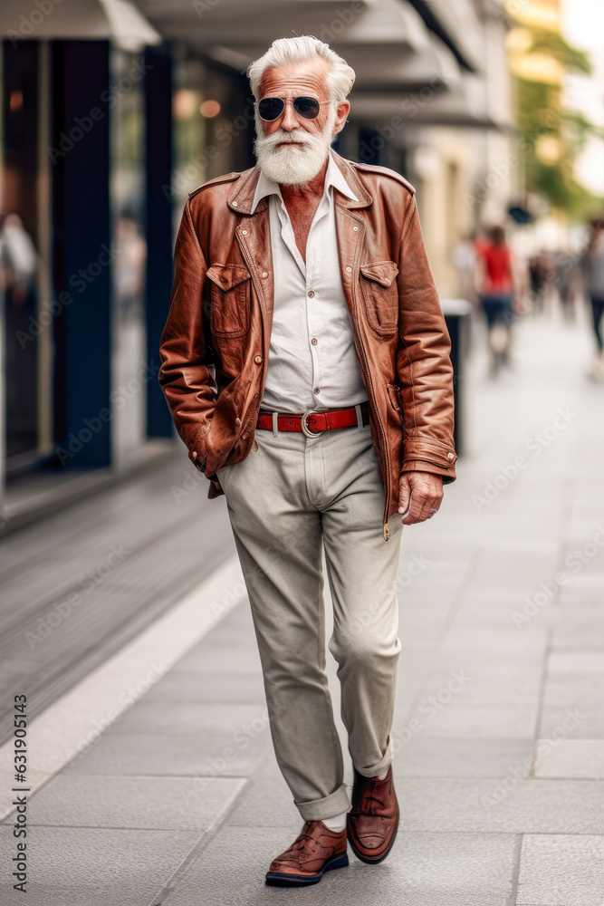 The model-looking elderly man is standing on the city street, generative ai The model-looking elderly man is standing on the city street, generative ai