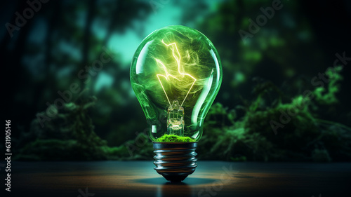 Glühbirne in grüner Farben mit dunklem Natur und Wald Hintergrund. Grüne Energie. Nachhaltige Energie. Generative Ai.