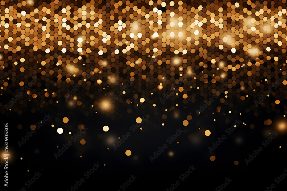 Gold sequin on black background, luxury brilliant modern backdrop with bokeh