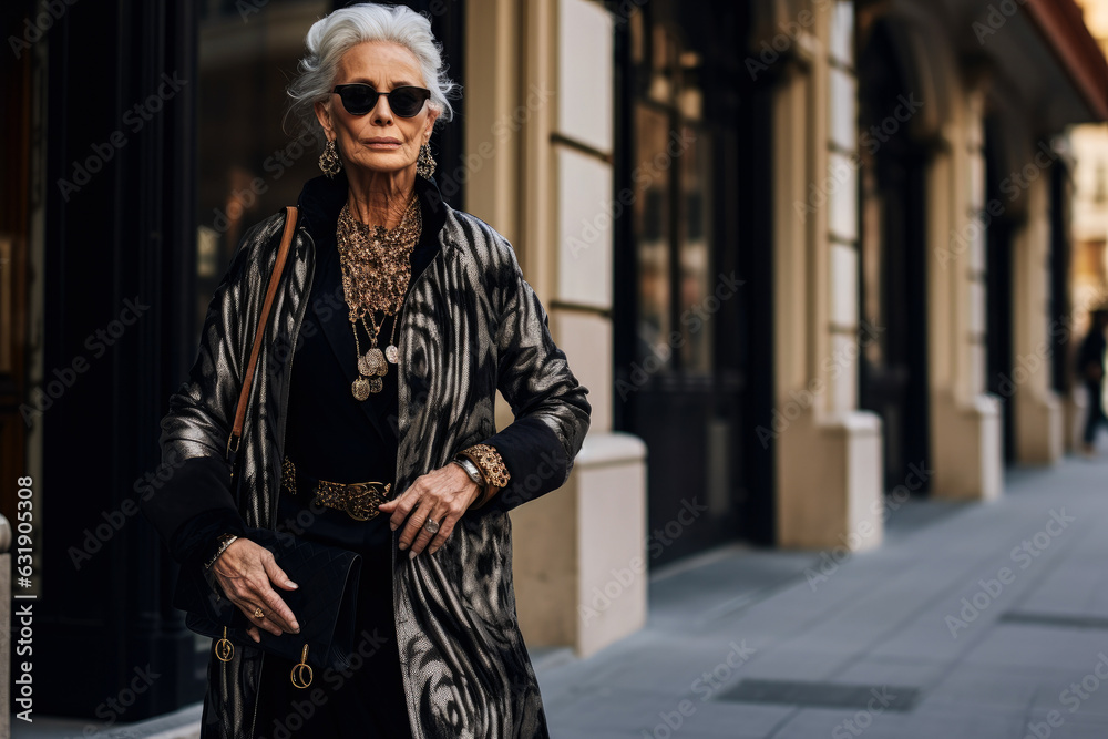 Model-looking elderly woman sits on the city street, generative ai