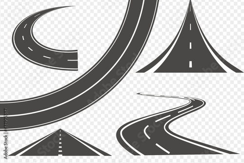 Set of Bending roads and highways vector illustrations. Road, winding highway isolated. Road with white lines