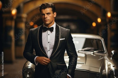 Man in Tuxedo Suit with Car in Background. photo