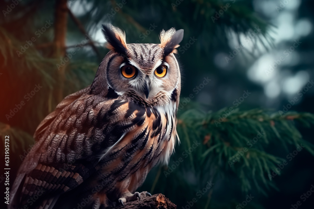 A beautiful owl on a branch in the middle of the night forest A beautiful owl on a branch in the middle of the night forest