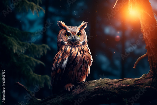 A beautiful owl on a branch in the middle of the night forest